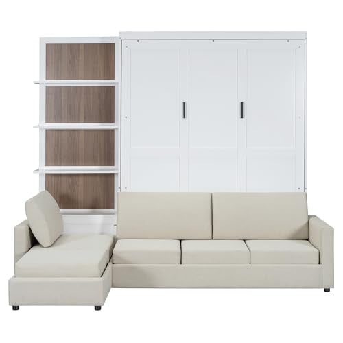 Queen Size Wooden Murphy Bed with Shelves and L-Shape Sofa W29030