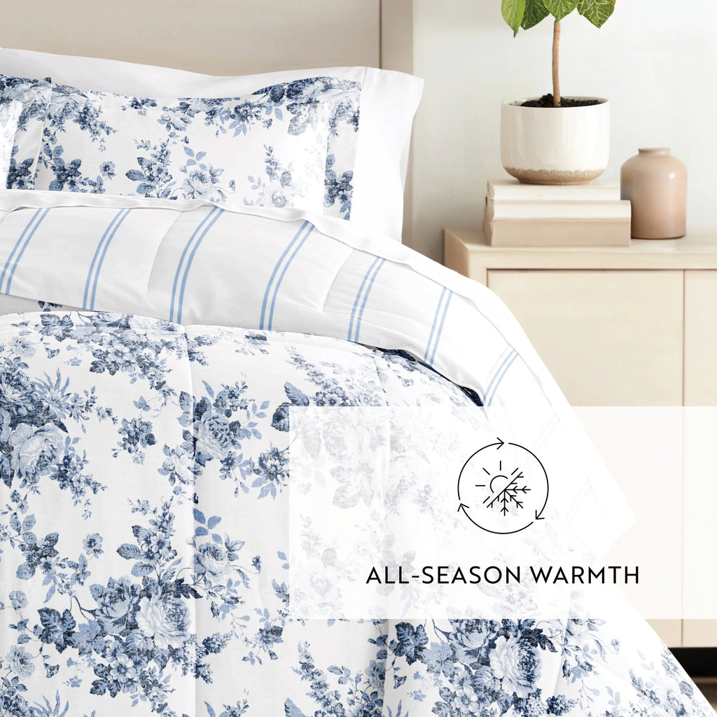 Cabbage Rose Stripe Ultra Soft Reversible Comforter Bed Set H344