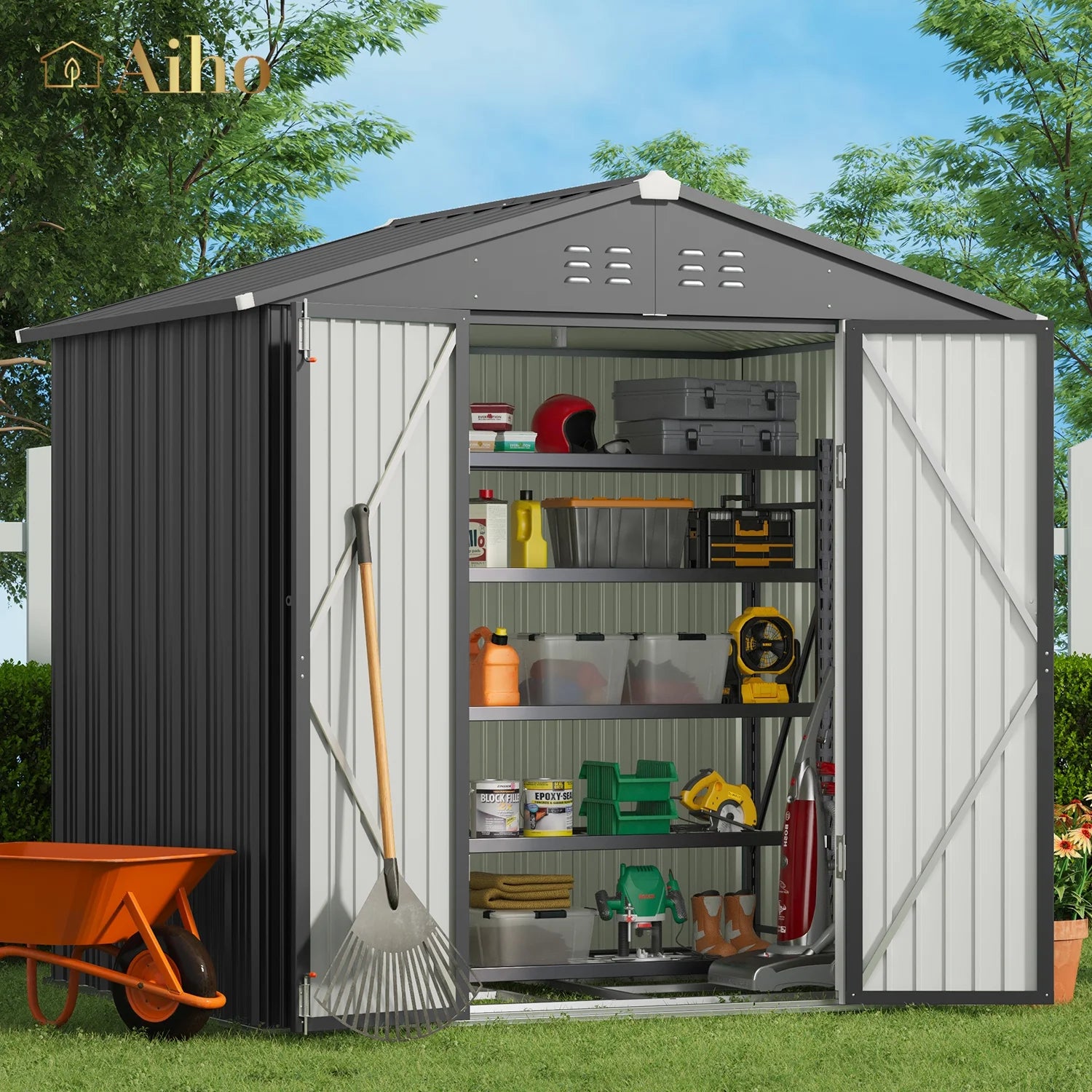 Gray 8' x 6' Outdoor Storage Shed with Metal Base Frame W411