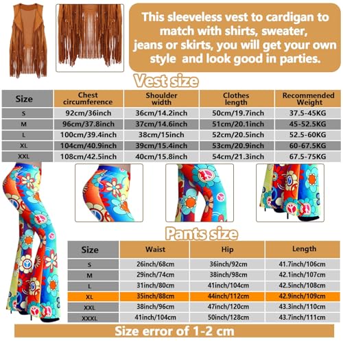 7 Pcs Hippie Costume Set with Flared Pants Fringe Vest Peace Sign Accessories W832630