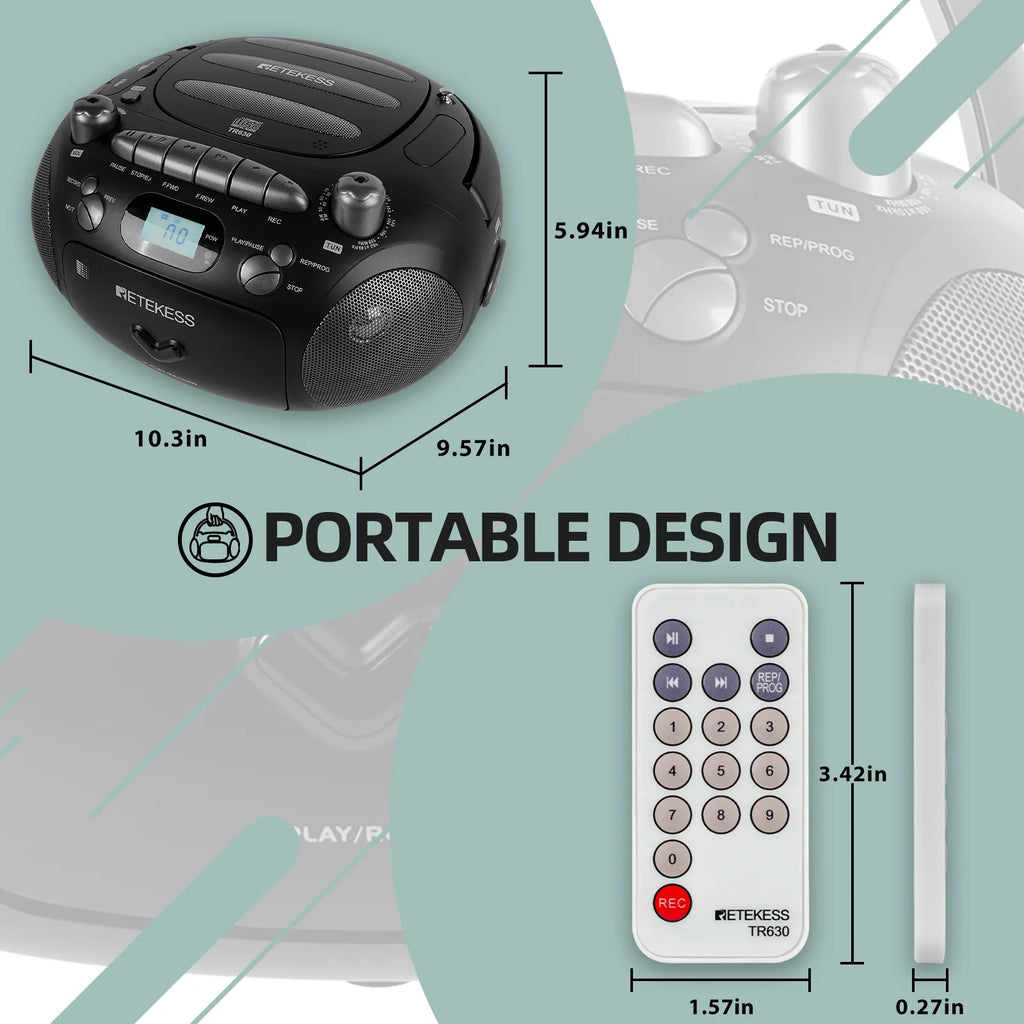 Black Portable CD and Cassette Player Boombox with AM FM Radio C395849