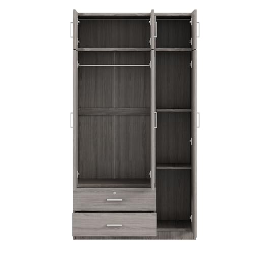 6-Door Wooden Armoire Wardrobe Closet with Mirror, 2 Drawers, 1 Hanging Rod Z242