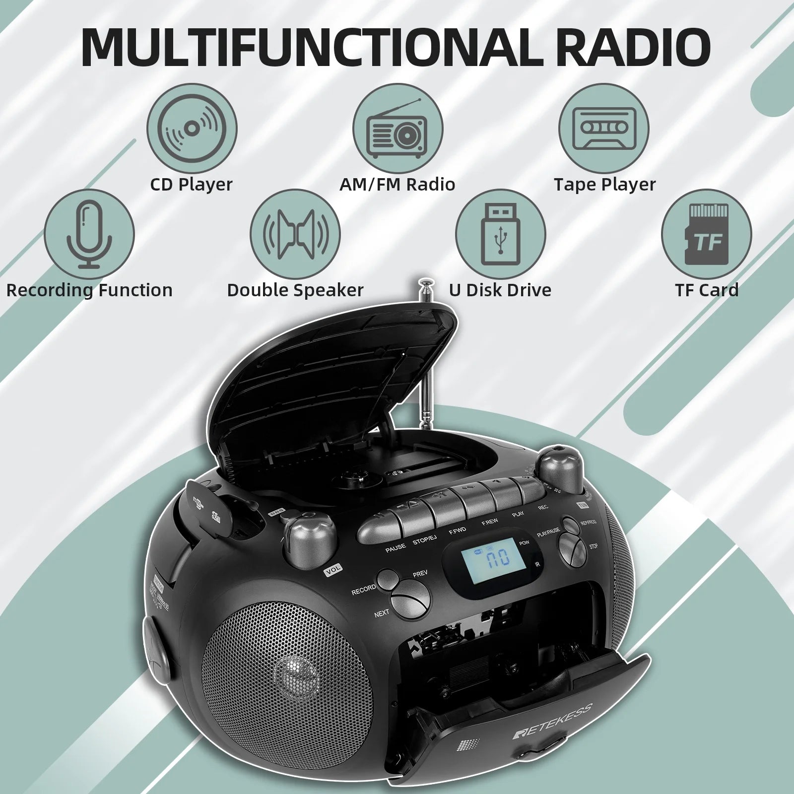 Black Portable CD and Cassette Player Boombox with AM FM Radio C395849