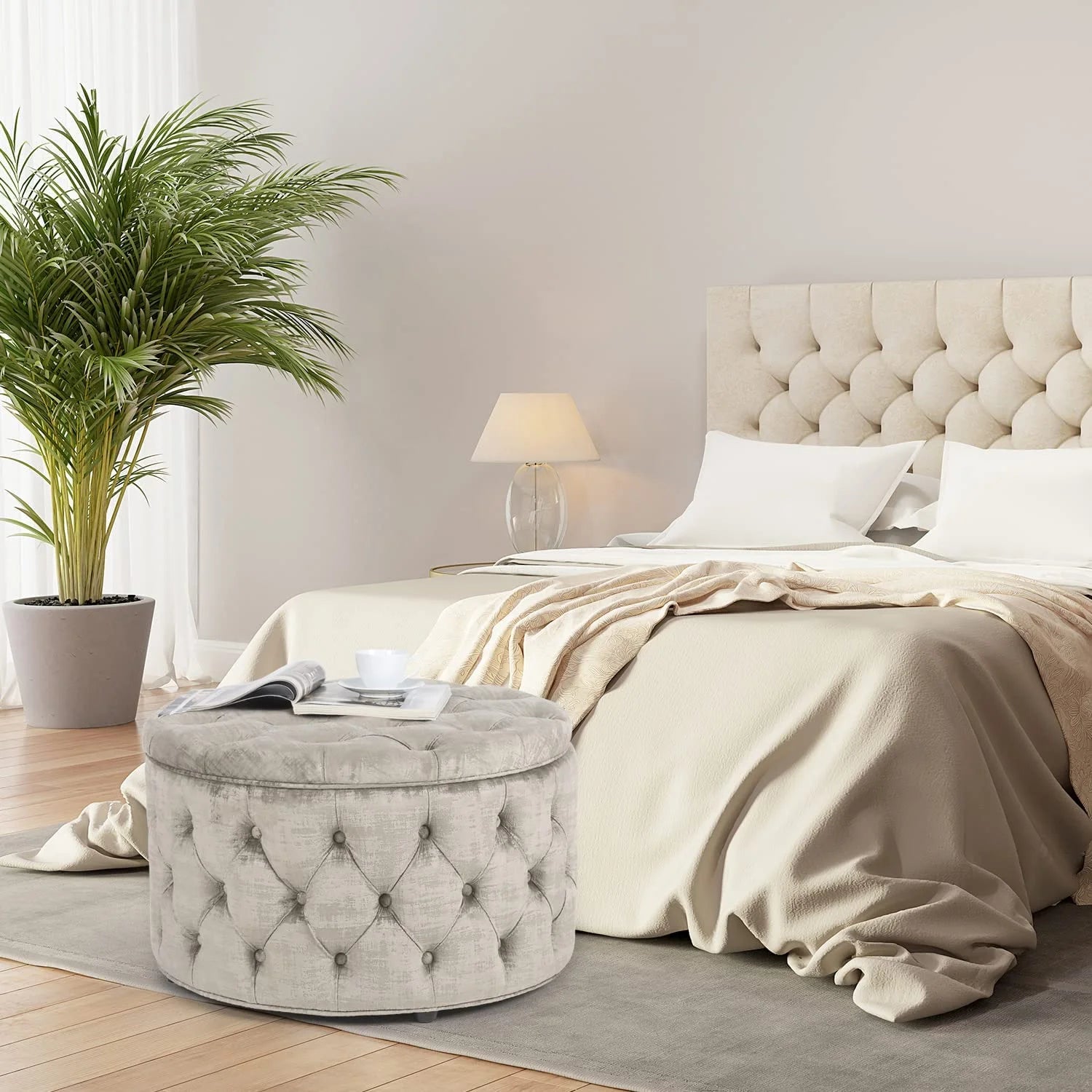 Beige Button Tufted Storage Ottoman W897
