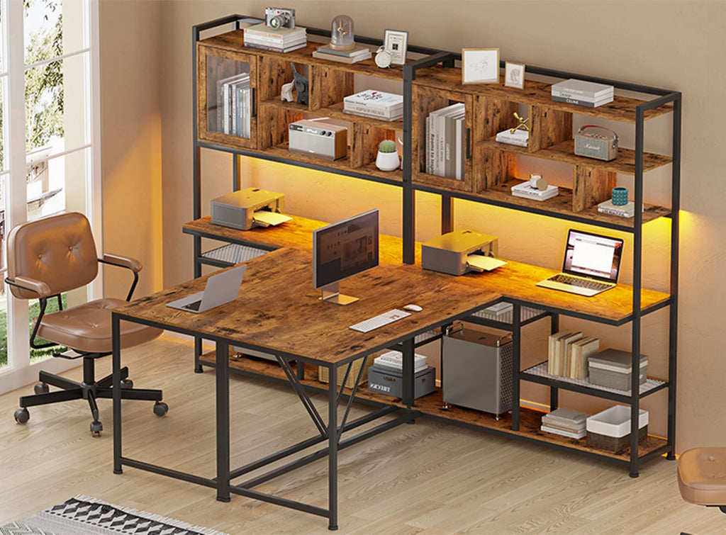 58" Brown L Shaped Gaming Desk with LED Lights and Bookshelf X87445