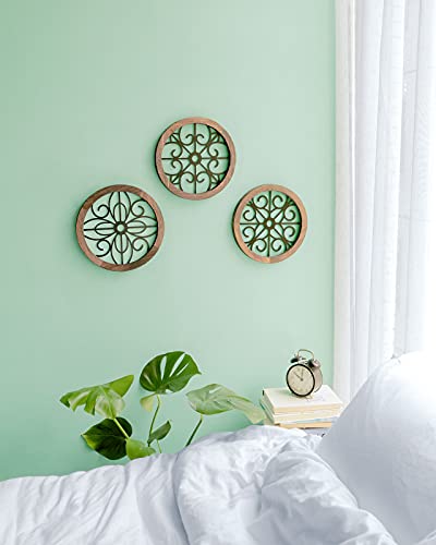 3 Pack Rustic Round Wall Art Geometric Scrolled Metal with Wooden Frame J61694