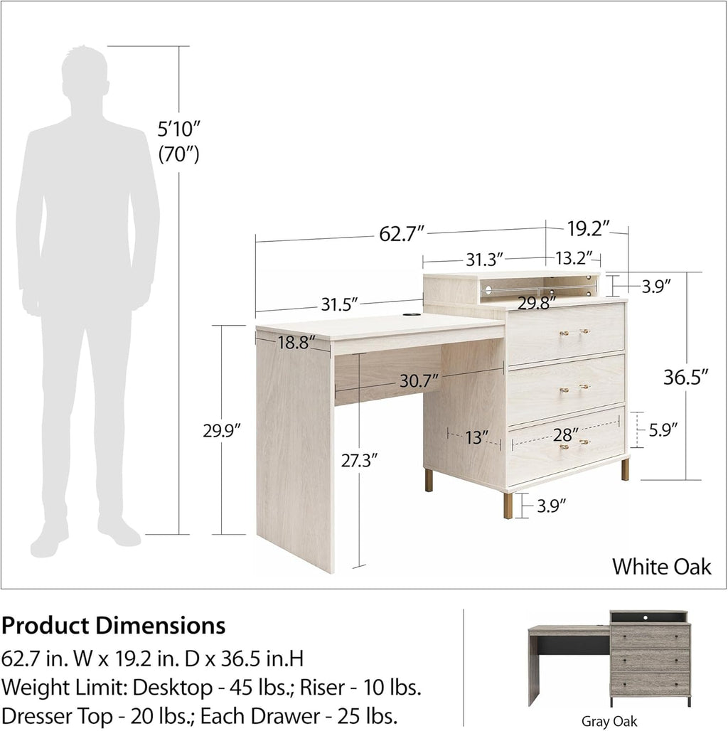 White Oak Dresser/Desk Combo with Wireless-charger D343