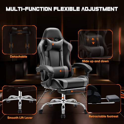 Grey PU Leather Reclining Gaming Chair with Footrest N106495