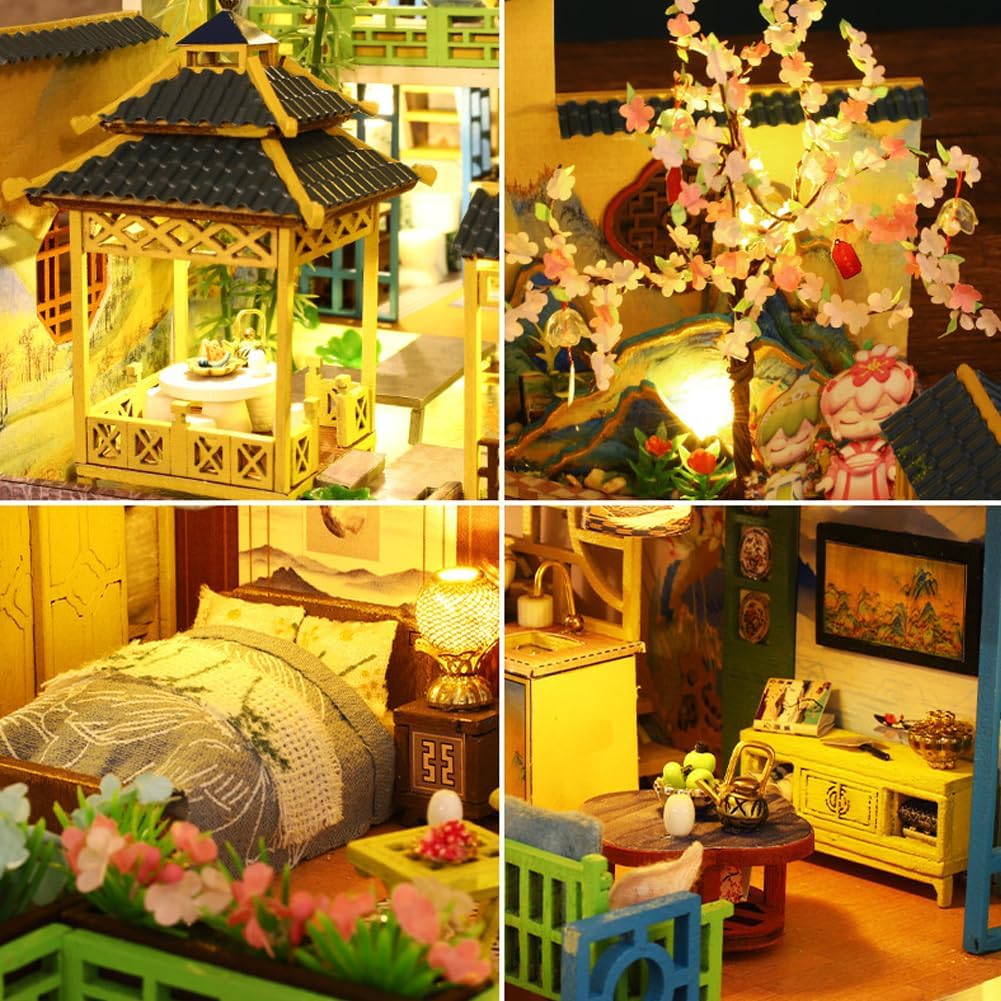 Miniature Three-Storey Villa Dolls House, Wooden Furniture, DIY Dollhouse Kit with LED Z23570