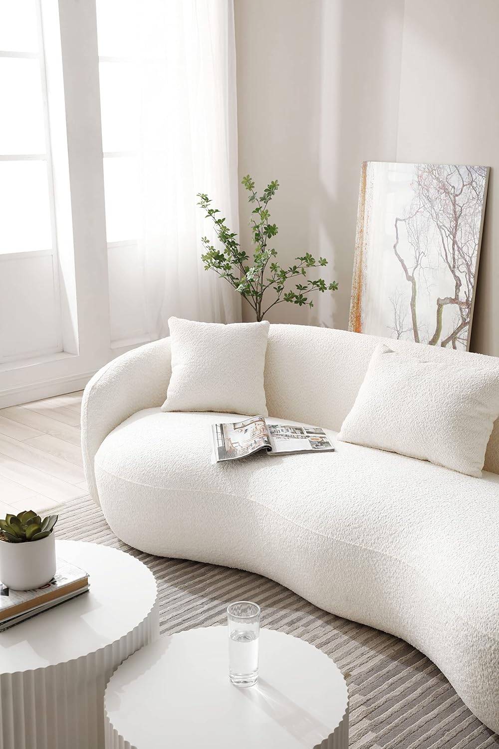 Beige Boucle Upholstered 4-Seat Curved Sofa with 3 Throw Pillows N45670