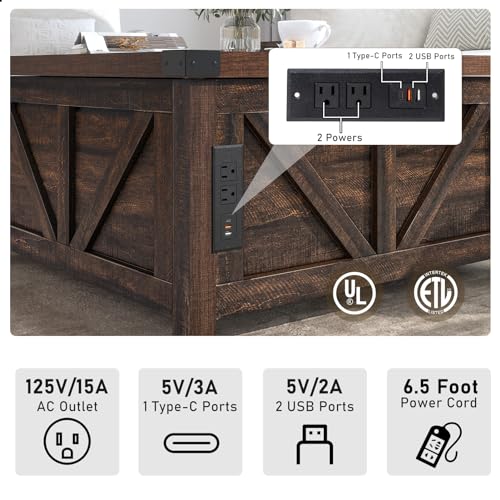 Brown Wood Lift Top Coffee Table with Storage and USB Port R611