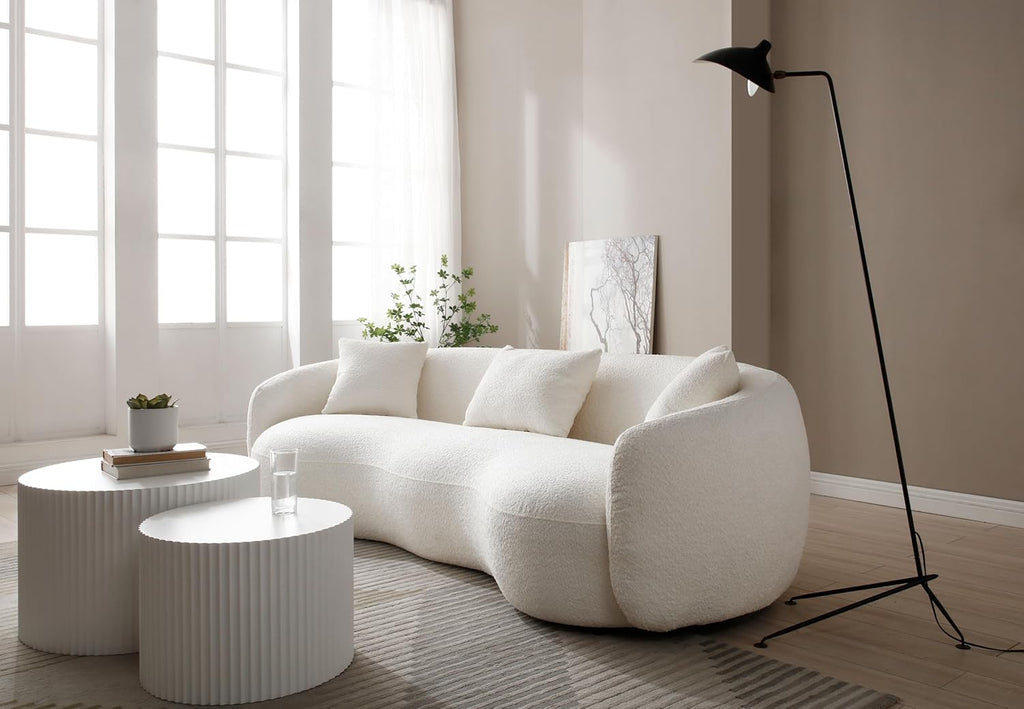 Beige Boucle Upholstered 4-Seat Curved Sofa with 3 Throw Pillows N45670