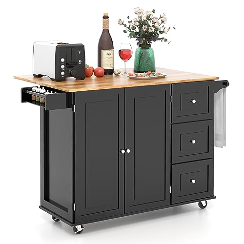 White Rolling Kitchen Cart with Rubber Wood Top P401