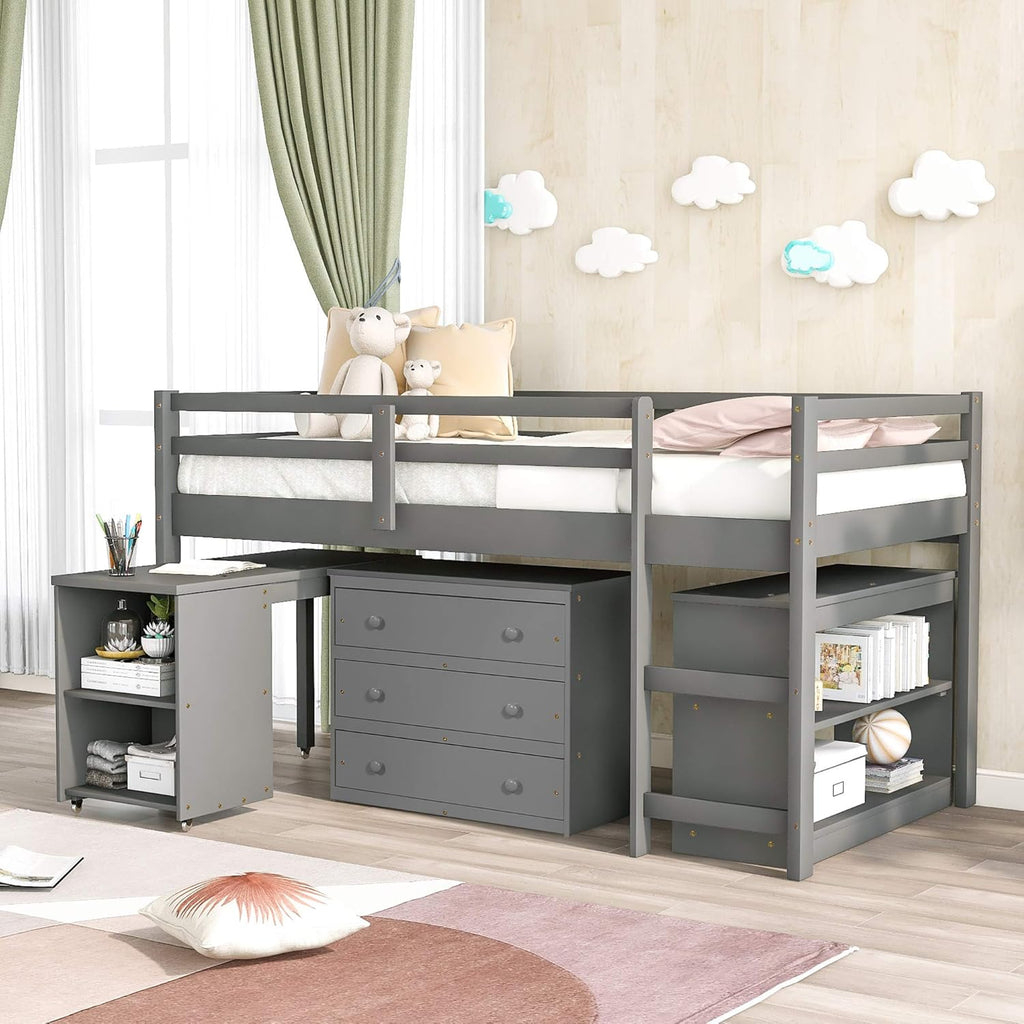 Gray Twin Low Loft Bed with Desk E145973