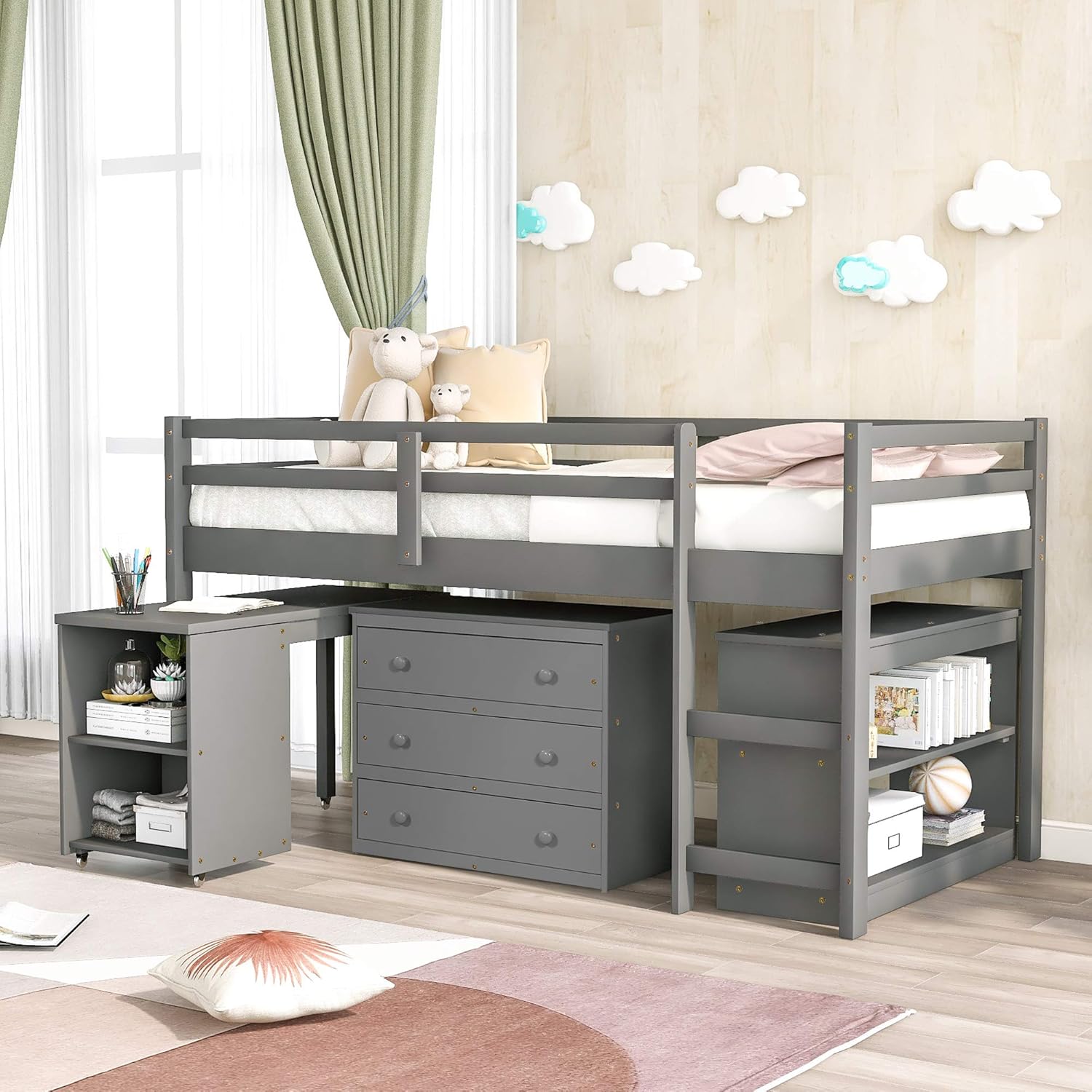 Gray Twin Low Loft Bed with Desk E145973