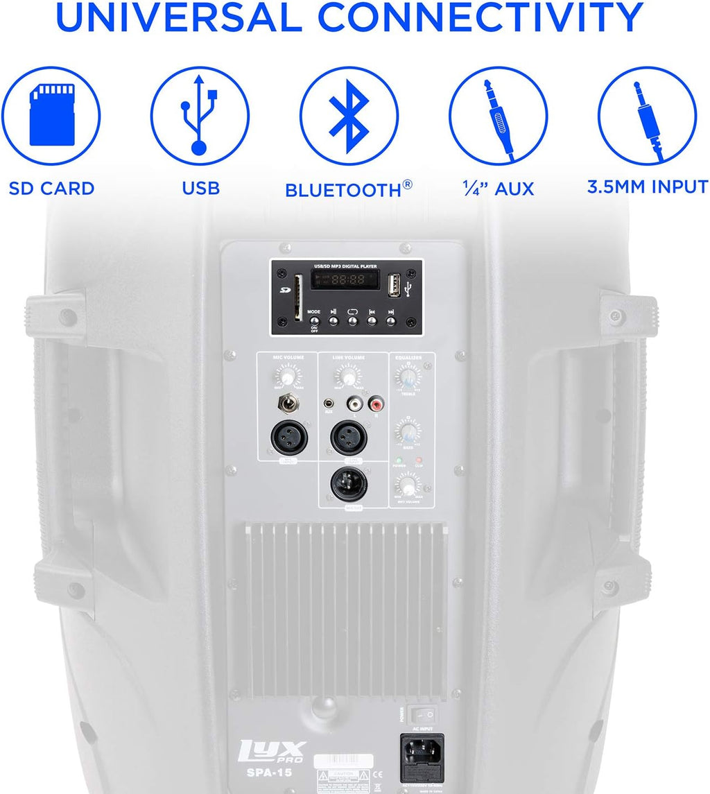 15 Inch PA Active Speaker System with Bluetooth, MP3, USB, SD Card Slot W4324