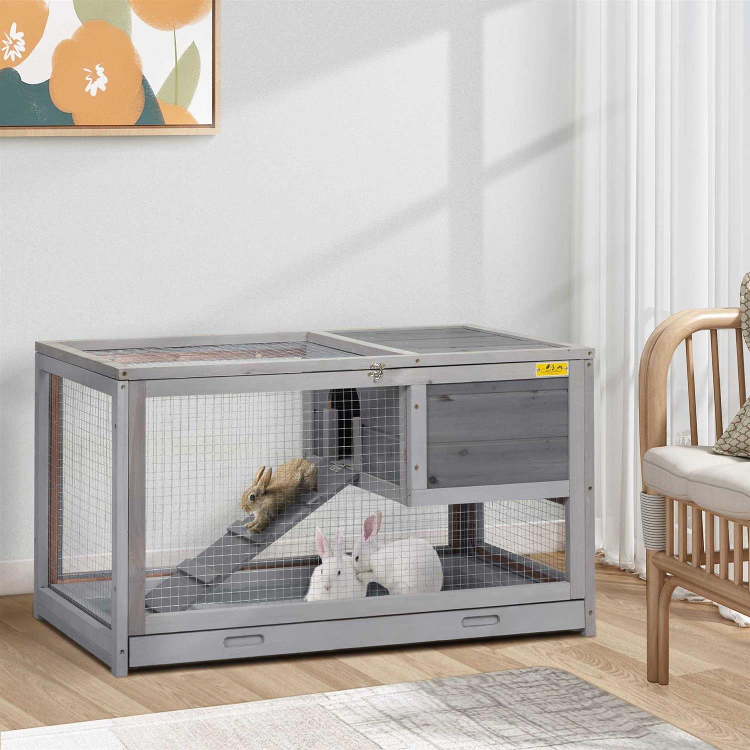 2 Story Wooden Rabbit Hutch with Pull Out Tray Y81404