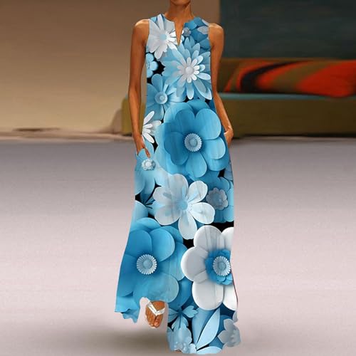 Boho Floral Print Crew Neck Sleeveless Swing Sundresses with Pockets K642232