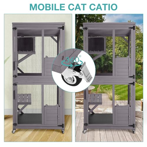 Grey Cat Enclosure with Wheels and Waterproof Roof W902