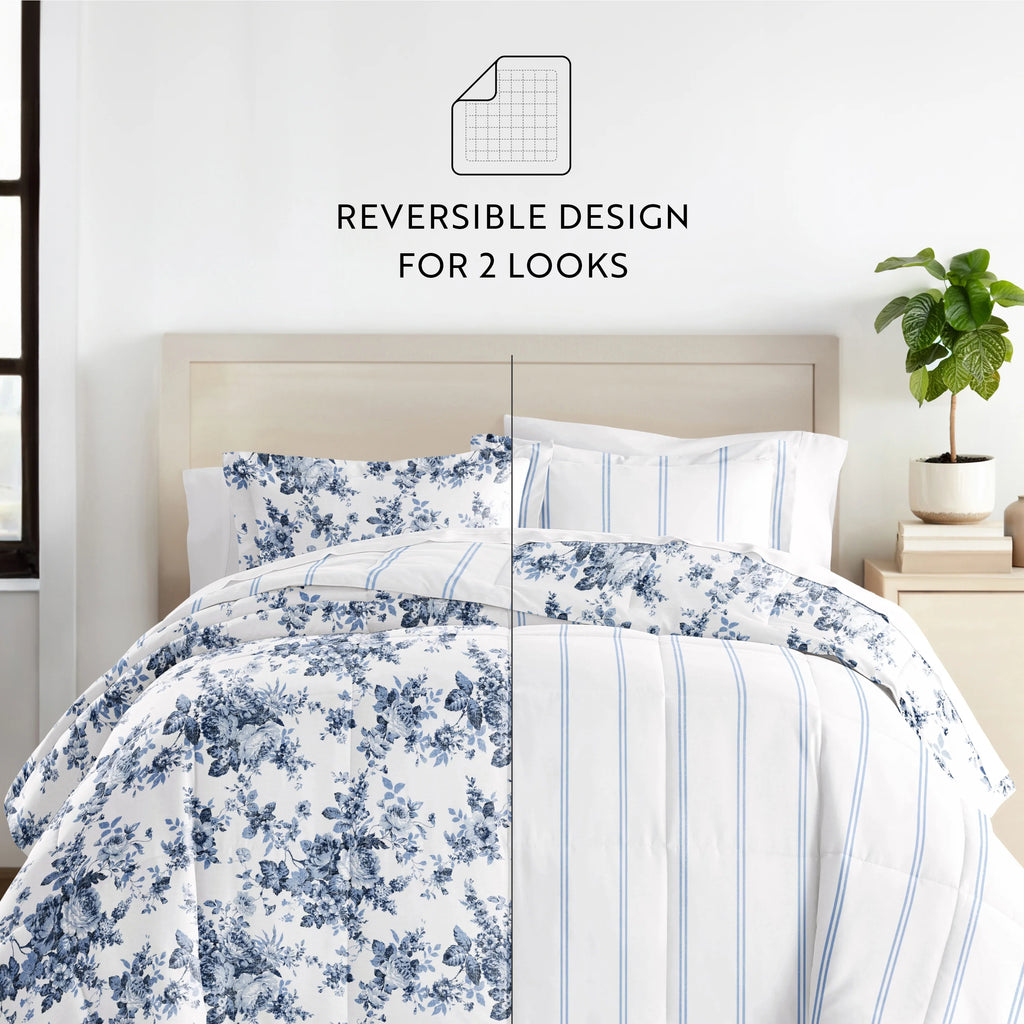 Cabbage Rose Stripe Ultra Soft Reversible Comforter Bed Set H344