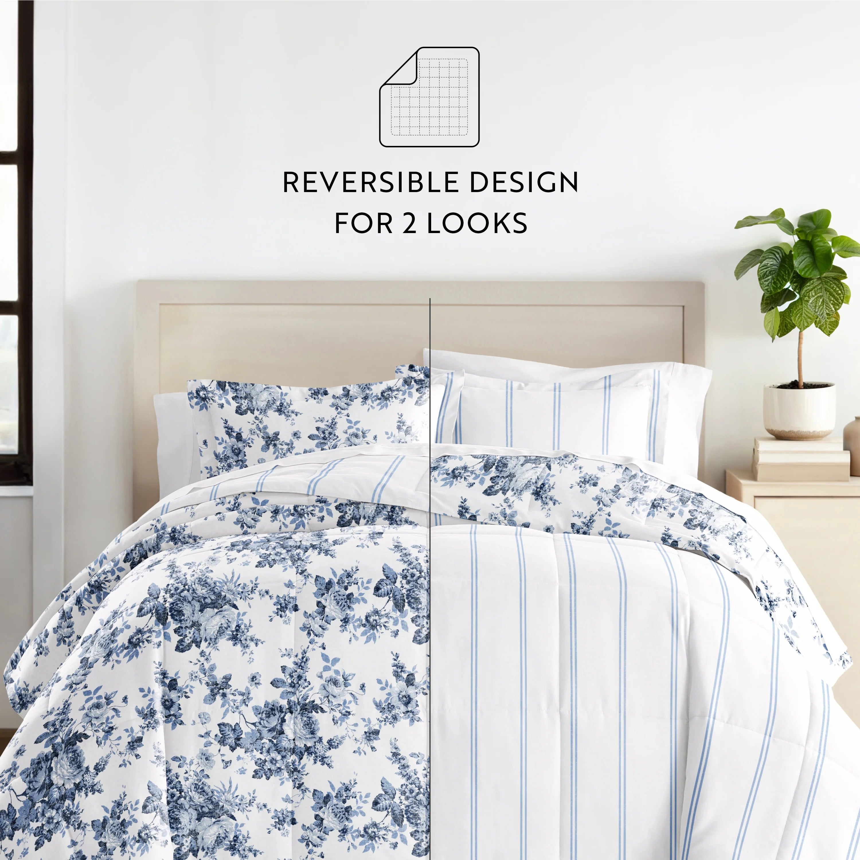 Cabbage Rose Stripe Ultra Soft Reversible Comforter Bed Set H344