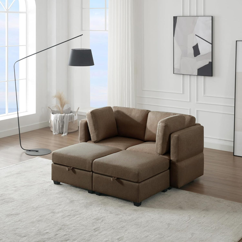 Brown Modular Sectional Sleeper Sofa with 2 Ottomans and Adjustable Arms Y45500