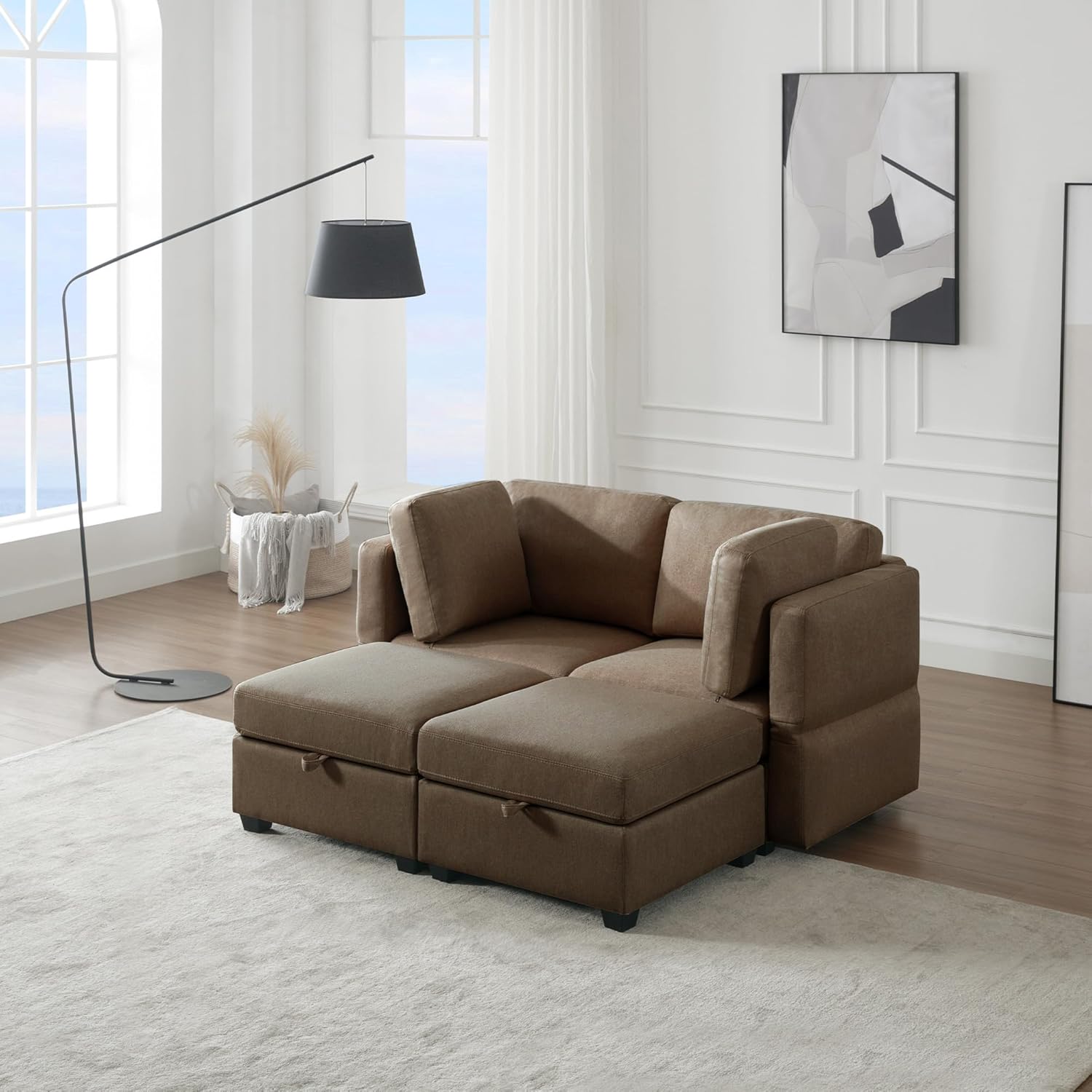 Brown Modular Sectional Sleeper Sofa with 2 Ottomans and Adjustable Arms Y45500