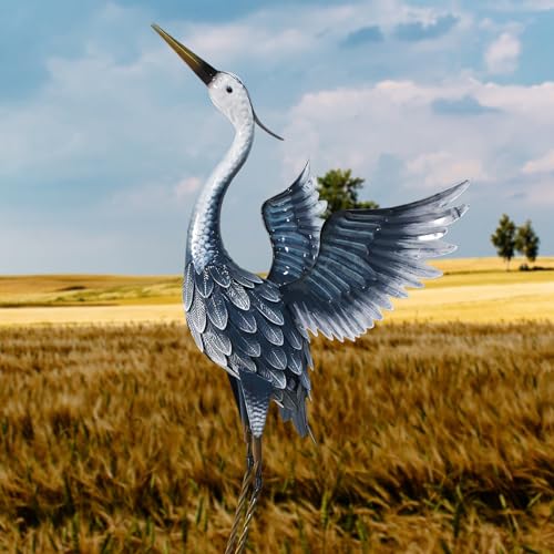 33 Inch Blue Metal Crane Statue X408910