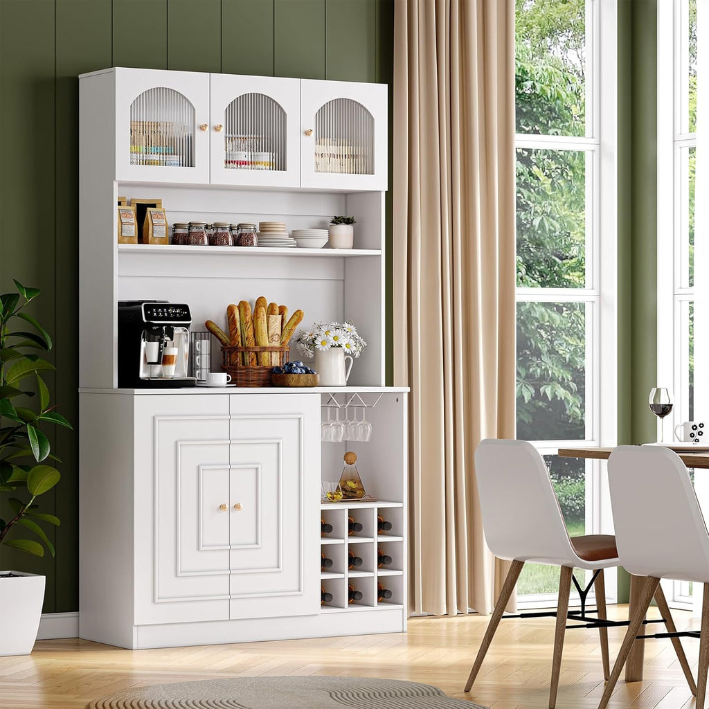 White 71" Tall Freestanding Kitchen Pantry Cabinet with Microwave Stand & Power Outlet J7364