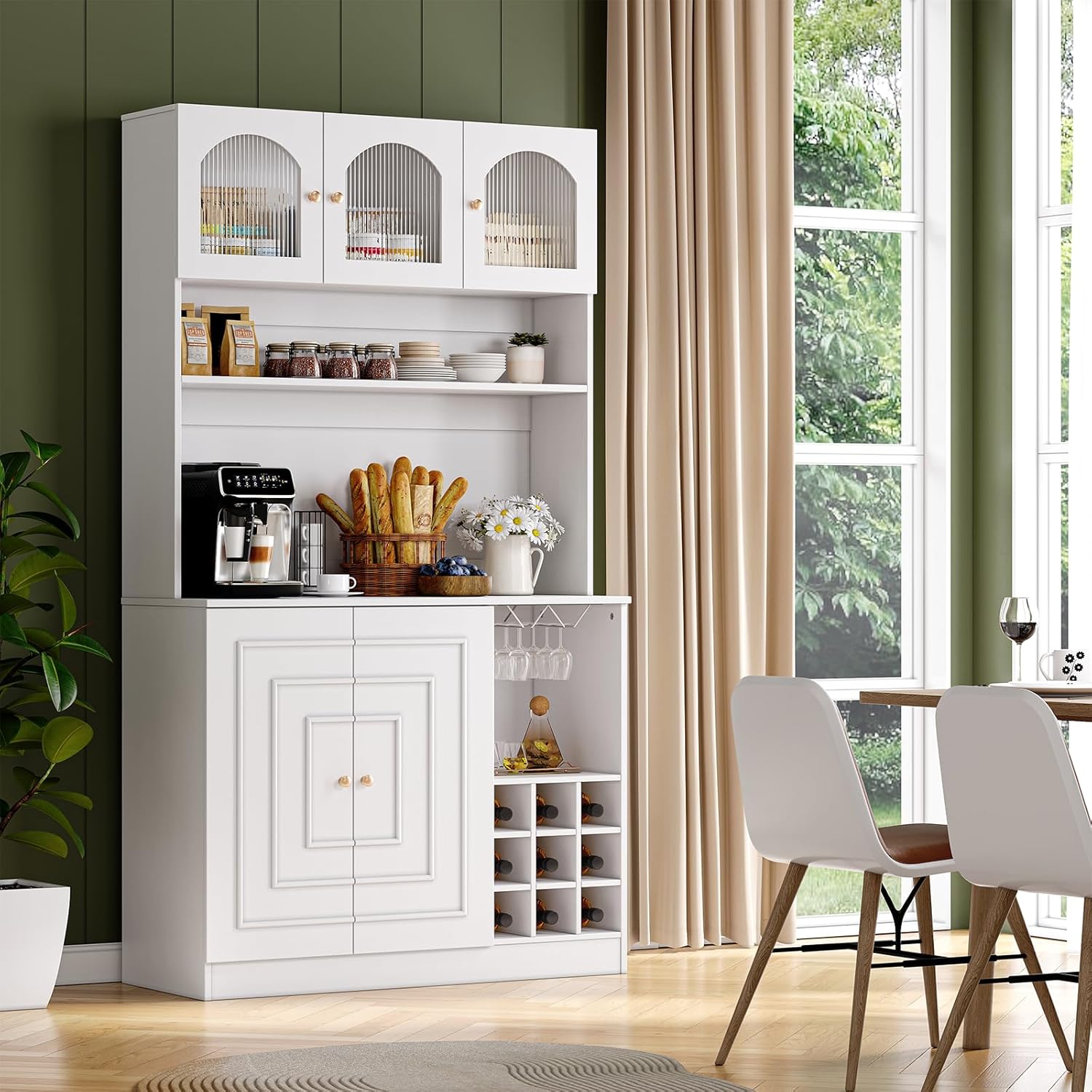 White 71" Tall Freestanding Kitchen Pantry Cabinet with Microwave Stand & Power Outlet J7364
