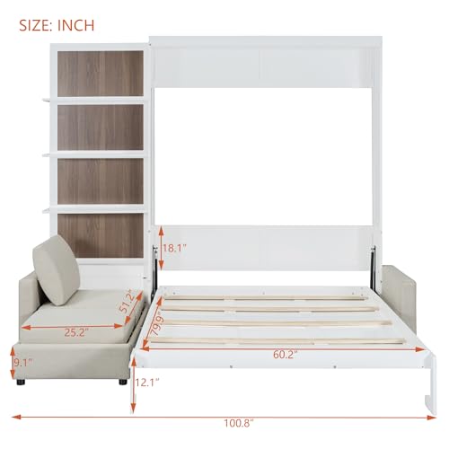 Queen Size Wooden Murphy Bed with Shelves and L-Shape Sofa W29030