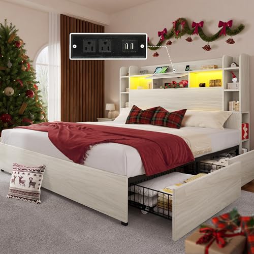Black Queen Bed Frame with Bookcase Headboard and 4 Storage Drawers J343