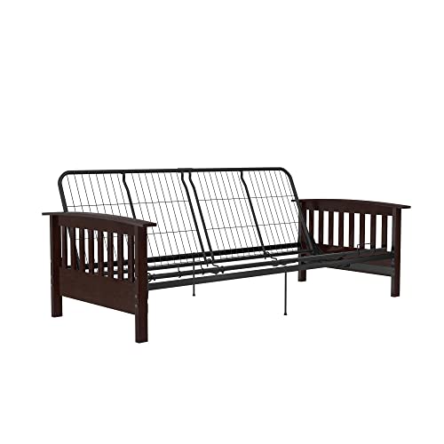 Brown Full Size Wood and Black Metal Futon Frame O29045