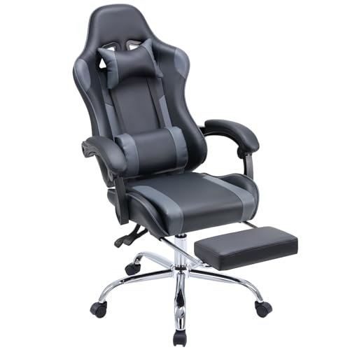 Grey PU Leather Reclining Gaming Chair with Footrest N106495