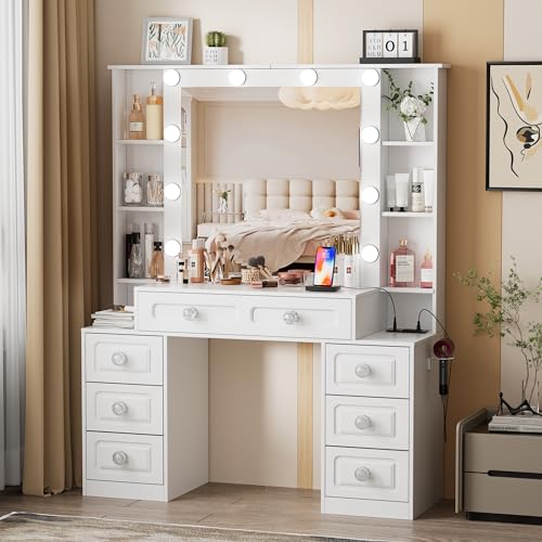 White Vanity Desk with Lighted Mirror and Drawers P341093