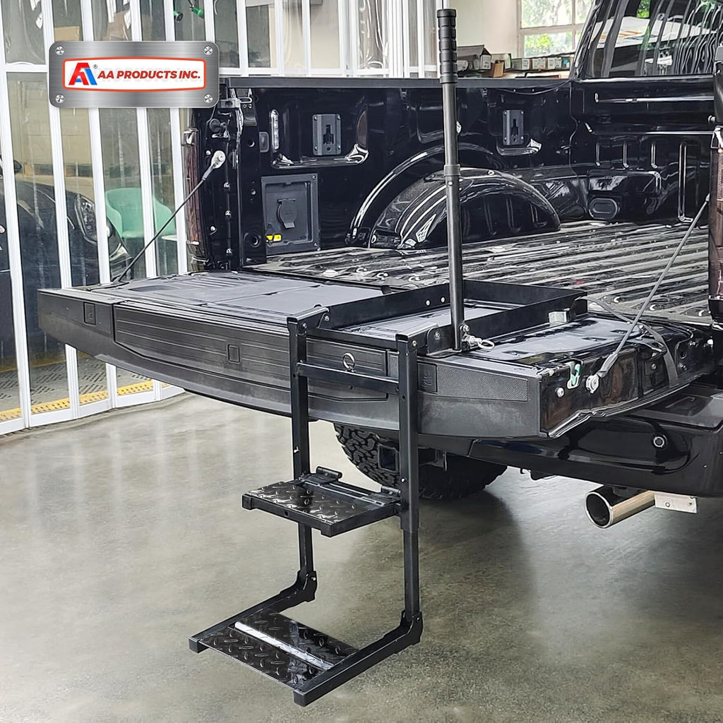 Foldable Retractable Truck Tailgate Step with Telescopic Handrail, Capacity 300 lb D725042