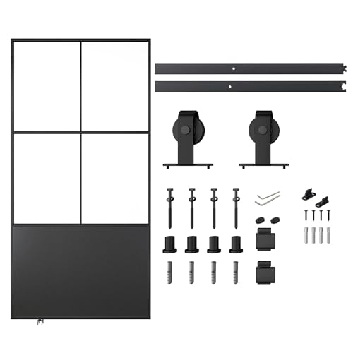 Black 3-Panel Frosted Tempered Glass Sliding Barn Door V43030