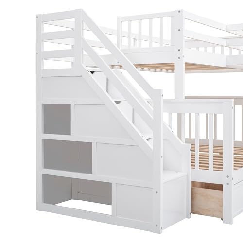 Espresso Wood Twin-Over-Full Triple Bunk Beds with Stairs, Desk, Wardrobe, Storage, Shelves and Drawers Z821