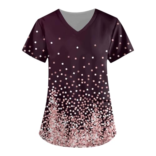 Womens Floral Printed Short Sleeve V Neck Scrubs Tops with Pocket U315891