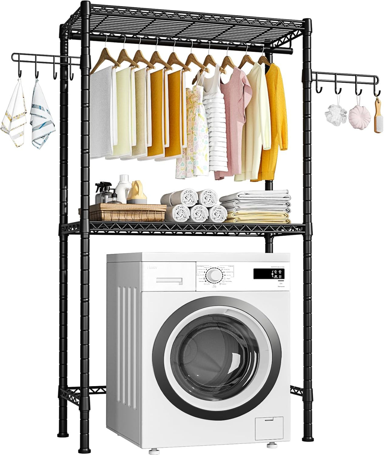 Black Metal Freestanding Shelves, 35" W x 13.4" D x 76.7" H A9865