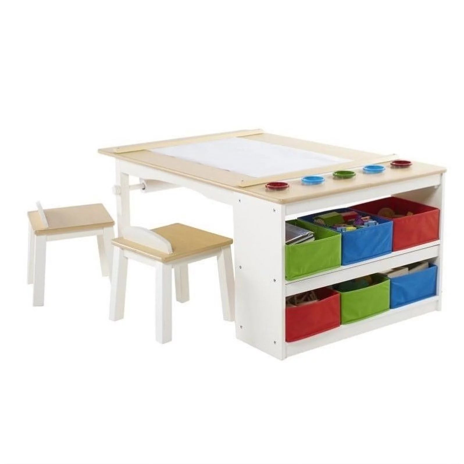 Kids Activity Table and Drawing Desk with Stools, Storage Canvas Bins, Paper Roller, and Paint Cups R2713