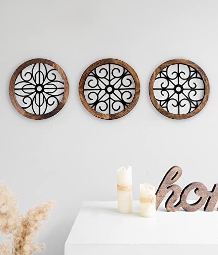 3 Pack Rustic Round Wall Art Geometric Scrolled Metal with Wooden Frame J61694