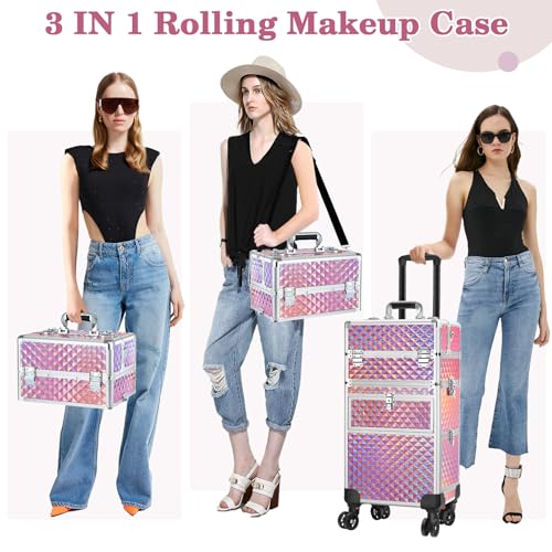 Rolling Makeup Train Case with 360° Swivel Wheels Keys V164