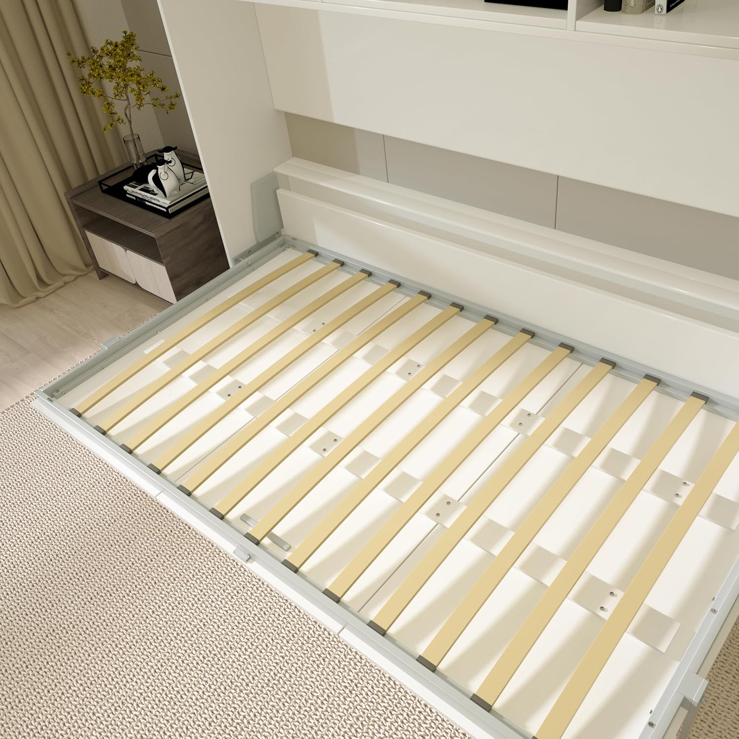 White Twin Size Wall Bedframe with Six Storage Shelf B62002