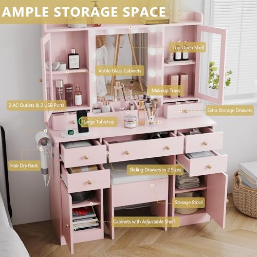 White Vanity Desk with Mirror and Lights and Storage Drawers G174839