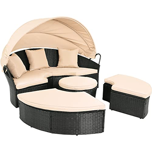 Light Brown Beige Outdoor Wicker Daybed with Retractable Canopy D523539