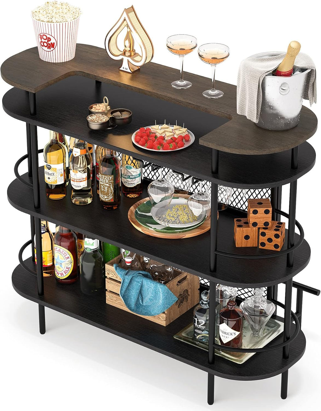 Black and Walnut 4 Tier Bar Cabinet with Storage Shelves F7515