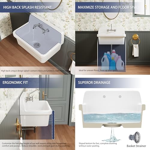 White Ceramic Wall Mount Utility Sink 24"x19"x16.5" S371946