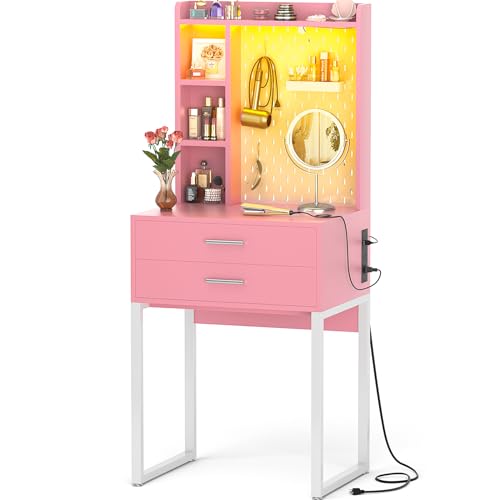 Pink Vanity Desk with Hutch and Drawers and LED Lights U2020
