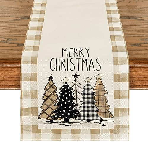 Buffalo Plaid Christmas Trees Merry Xmas Table Runner, 13 x 108 Inch S920